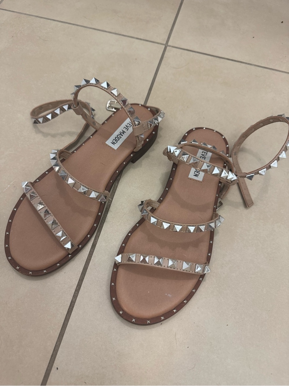 Steve Madden Brown/Tan Pyramid Stud Strap Sandals